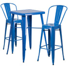 Flash Furniture 23.75" Square Blue Metal Indoor-Outdoor Bar Table Set with 2 Stools with Backs-Bar Height Table and Stool Set