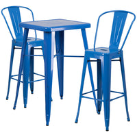 Flash Furniture 23.75" Square Blue Metal Indoor-Outdoor Bar Table Set with 2 Stools with Backs-Bar Height Table and Stool Set