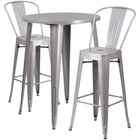 30'' Round Silver Metal Indoor-Outdoor Bar Table Set with 2 Cafe Barstools [CH-51090BH-2-30CAFE-SIL-GG]-Metal Cafe Bar Table