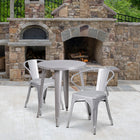 24'' Round Silver Metal Indoor-Outdoor Table Set with 2 Arm Chairs (CH-51080TH-2-18ARM-SIL-GG)-24"W x 24"D x 29"H