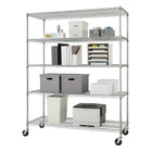 TRINITY 5-Tier Wire Shelving Rack with Wheels, Chrome (TBFC-0904)-Four - 4" x 1" swivel wheels - (2) locking and (2) non-locking