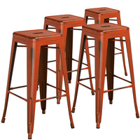 Flash Furniture Commercial Grade 30" High Backless Distressed Orange Metal Indoor-Outdoor Barstool-Set of 4 Stackable Industrial Style Modern Stools