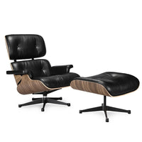 Nicer Furniture Modern Classic Lounge Chair & Ottoman Set - Black/Walnut-Upholstered in 100% full-grain Italian Aniline Leather imported from Italy, the highest grade and most expensive leather available, only 5% of the world's leather falls into this category.