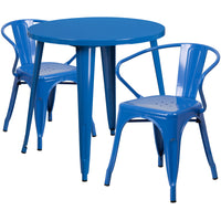 30'' Round Blue Metal Indoor-Outdoor Table Set with 2 Arm Chairs (CH-51090TH-2-18ARM-BL-GG)-Indoor Outdoor Sets