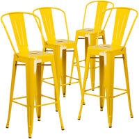 Flash Furniture Commercial Grade 30" High Metal Indoor-Outdoor Barstool with Back - Yellow-Set of 4 Bistro Style Bar Stools