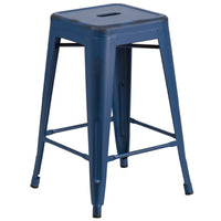 Flash Furniture 24" High Backless Distressed Antique Blue Metal Indoor-Outdoor Counter Height Stool-Stackable Industrial Style Modern Stool