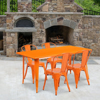 Flash Furniture 31.5'' x 63'' Rectangular Orange Metal Indoor-Outdoor Table Set with 4 Stack Chairs (ET-CT005-4-30-OR-GG)-Galvanized Steel, Metal, Rubber