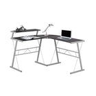 Monarch Specialties 7171 Computer Desk - Espresso Top/Silver Metal-This contemporary, gaming-style L-shaped computer desk is finished on all sides in a sleek, dark brown laminate with grey metal accents, and joined with a rounded corner panel.