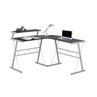 Monarch Specialties 7171 Computer Desk - Espresso Top/Silver Metal-This contemporary, gaming-style L-shaped computer desk is finished on all sides in a sleek, dark brown laminate with grey metal accents, and joined with a rounded corner panel.