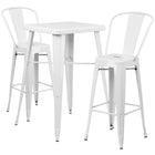 Flash Furniture 23.75" Square White Metal Indoor-Outdoor Bar Table Set with 2 Stools with Backs-Bar Height Table and Stool Set