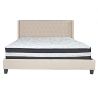 Flash Furniture Riverdale King Size Tufted Upholstered Platform Bed in Beige Fabric with Pocket Spring Mattress-King Platform Bed and Mattress Set