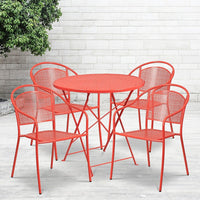 30'' Round Coral Indoor-Outdoor Steel Folding Patio Table Set with 4 Round Back Chairs [CO-30RDF-03CHR4-RED-GG]-Set Includes Folding Table and 4 Chairs