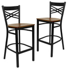 Flash Furniture HERCULES Series Black "X" Back Metal Restaurant Barstool - Cherry Wood Seat - 2 Pack-Set of 2 Metal Dining Bar Stools