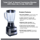 Total Chef 6-Speed Countertop Blender with Glass Jar - 6 Cup-Shatter-resistant 6 cup glass jar with raised measurement markings is odor- and stain-resistant
