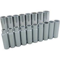 Gray Tools 18 Piece 1/2" Drive 12 Point Metric, Deep Chrome Socket Set, 10mm-27mm-Contains Sizes: 10, 11, 12, 13, 14, 15, 16, 17, 18, 19, 20, 21, 22, 23, 24, 25, 26, 27mm.
