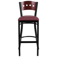 Flash Furniture HERCULES Series Black 4 Square Back Metal Restaurant Barstool - Mahogany Wood Back - Burgundy Vinyl Seat-Metal Dining Bar Stool