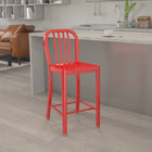 Flash Furniture 24" High Red Metal Indoor-Outdoor Counter Height Stool with Vertical Slat Back-Adjustable Floor Glides