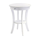 Winsome Sasha Round Accent Table, White-Elegantly simple end table. Its curved, smooth design blends well with any style of room d&eacute;cor.  20" Diameter solid wood top is large enough to hold a lamp floral vase etc.  There is a Drawer for storage and shelf for display.  Drawer inside dimension 2.32" H. x 5.75" W. x 7.87" D.  Shelf Diameter 11.81", Clearance from Bottom of Drawer to shelf is 12.40".  Combination of solid and composite wood in Cappuccino Finish.  Assembly Required