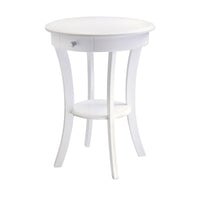 Winsome Sasha Round Accent Table, White-Elegantly simple end table. Its curved, smooth design blends well with any style of room d&eacute;cor.  20" Diameter solid wood top is large enough to hold a lamp floral vase etc.  There is a Drawer for storage and shelf for display.  Drawer inside dimension 2.32" H. x 5.75" W. x 7.87" D.  Shelf Diameter 11.81", Clearance from Bottom of Drawer to shelf is 12.40".  Combination of solid and composite wood in Cappuccino Finish.  Assembly Required