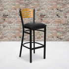 Flash Furniture HERCULES Series Black Slat Back Metal Restaurant Barstool - Natural Wood Back, Black Vinyl Seat-2.5" Thick Foam Padded Seat