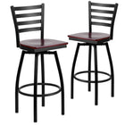 Flash Furniture HERCULES Series Black Ladder Back Swivel Metal Barstool - Mahogany Wood Seat - 2 Pack-Ladder Back Design