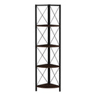 Monarch Specialties 3645 60"H Bookcase - Espresso/Black Metal Corner Etagere-This corner shelf features a three-leg black metal frame, allowing it to sit tight against the wall