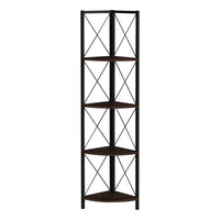 Monarch Specialties 3645 60"H Bookcase - Espresso/Black Metal Corner Etagere-This corner shelf features a three-leg black metal frame, allowing it to sit tight against the wall