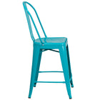 Flash Furniture 24" High Crystal Teal-Blue Metal Indoor-Outdoor Counter Height Stool with Back-Curved Back with Vertical Slat