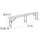 Flash Furniture 10.25"W x 71"L Bi-Fold Granite Plastic Bench with Carrying Handle - White-Waterproof, Impact and Stain Resistant Top