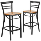 Flash Furniture HERCULES Series Black Two-Slat Ladder Back Metal Restaurant Barstool - Natural Wood Seat - 2 Pack-Ladder Back Design