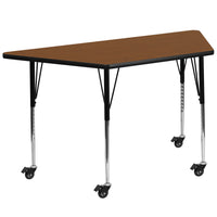 Flash Furniture Mobile 24''W x 48''L Trapezoid Activity Table, 1.25'' Oak Laminate Top, Height-Adjustable Legs (XUA2448TRPOKHAC)-Oak/Chrome, Laminate, Steel