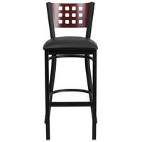 Flash Furniture HERCULES Series Black Cutout Back Metal Restaurant Barstool - Mahogany Wood Back, Black Vinyl Seat-Metal Dining Bar Stool