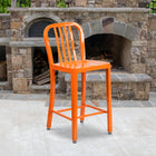 Flash Furniture Commercial Grade 24" High Orange Metal Indoor-Outdoor Counter Height Stool with Vertical Slat Back - 2 Pack-Screw Leveling Floor Glides