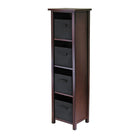 Winsome Verona 4-Section N Storage Shelf with 4 Foldable Black Fabric Baskets, Antique Walnut-This storage shelf comes with 4 foldable black fabric baskets.