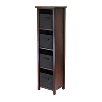 Winsome Verona 4-Section N Storage Shelf with 4 Foldable Black Fabric Baskets, Antique Walnut-This storage shelf comes with 4 foldable black fabric baskets.