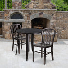 30'' Round Black-Antique Gold Metal Indoor-Outdoor Table Set with 2 Vertical Slat Back Chairs [CH-51090TH-2-18VRT-BQ-GG]-30"W x 30"D x 29.50"H
