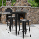 30'' Round Black Metal Indoor-Outdoor Bar Table Set with 2 Square Seat Backless Barstools (CH-51090BH-2-30SQST-BK-GG)-30"W x 30"D x 41"H