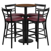 Flash Furniture 24'' Round Walnut Laminate Table Set with Round Base and 4 Ladder Back Metal Bar Stools, Burgundy Vinyl Seat-Black Powder Coated Chair and Table Frame