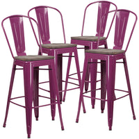 Flash Furniture 30" High Purple Metal Barstool with Back & Wood Seat-Set of 4 Bistro Style Bar Stools