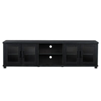 CorLiving TV Bench with Glass Cabinets for TVs up to 90", Black Ravenwood-Sleek Ravenwood Black wood grain finish complements any room's decor
