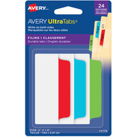Avery Ultra Writable Filing Tabs - 3" x 1½" Repositionable Two Sided - Primary Colour - 24 Pack-Primary colours, Red, Blue, Green