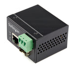StarTech Industrial Fiber to Ethernet Media Converter - 100Mbps SFP to RJ45/Cat6-COMPACT SIZE + FLEXIBLE POWER INPUT: Smallest form factor Fiber to Ethernet medi - a converter - extends & converts 100Mbps fiber to RJ45 copper, powered by 18-36V AC or 12V-56V DC for solar, auto & rail