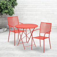 30'' Round Coral Indoor-Outdoor Steel Folding Patio Table Set with 2 Square Back Chairs [CO-30RDF-02CHR2-RED-GG]-Set Includes Folding Table and 2 Chairs