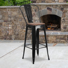 Flash Furniture 30" High Black Metal Barstool with Back & Wood Seat-Lightweight Design with Footrest