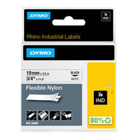 DYMO Rhino Label Tape, 19mm (3/4") Black on White Nylon-Rhino split-back labels