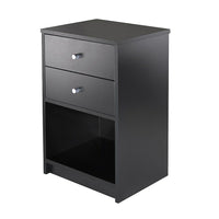 Winsome Ava Accent Table With 2 Drawers, Black-Perfect table for your night time essentials with two Drawers plus open cabinet for storage.  Black with metal accents.  Overall table size 23.74" H. x 15.75" W. x 12.68" D.  Top dimension is 15.75" W. x 11.80" D. and inside Drawer is 3.75" H. x 12.75" W. x 9.68" D.  Open cabinet is 9.3" H. x 14.25" W. x 11.06" D. Black veneer on composite wood.  Assembly required.