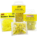 JAM Paper Office Supply Assortment, 1 pack Rubber Bands, Push Pins, Paper Clips, Round Paperclips, Yellow, 4/Pack (3224YEOASRT)-Assortment of Four Different Yellow Office Supplies