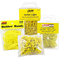 JAM Paper Office Supply Assortment, 1 pack Rubber Bands, Push Pins, Paper Clips, Round Paperclips, Yellow, 4/Pack (3224YEOASRT)-Assortment of Four Different Yellow Office Supplies