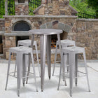24'' Round Silver Metal Indoor-Outdoor Bar Table Set with 4 Square Seat Backless Barstools (CH-51080BH-4-30SQST-SIL-GG)-24"W x 24"D x 41"H