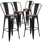 Flash Furniture 30" High Black Metal Barstool with Back & Wood Seat-Set of 4 Bistro Style Bar Stools